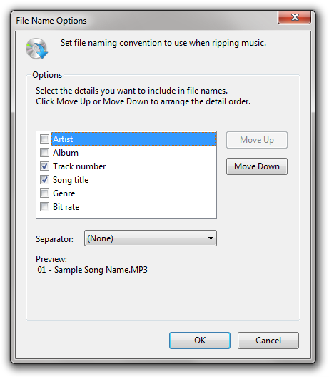 File Name Options dialog in the Windows Media Player