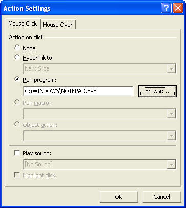 Illustrates the action settings dialog in PowerPoint which allows you to create actions on mouse click or mouse over, e.g. to call a program on mouse click.
