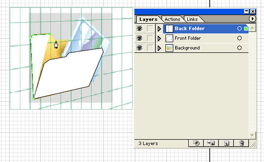 Step 1: Screenshot from Illustrator. 3 layers has been created. One with the background image, one with the front folder path and one for back folder path (currently in progress).